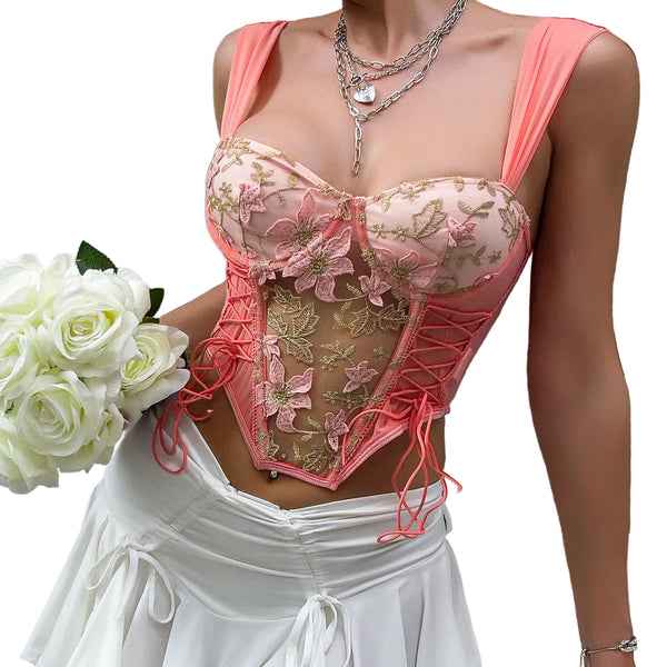 Cross Border Style Spicy Girl Floral Embroidery Fitted  Bra Corset Lace Up Back Top Corsets