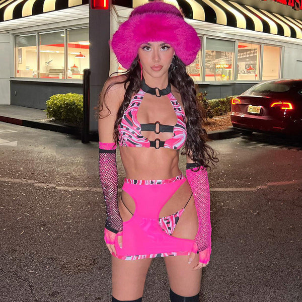 Color Blocked Hollow Hanging Neck Sex Suit  Backless Transparent Short Skirt Three Piece Set Other Erotic Clothing