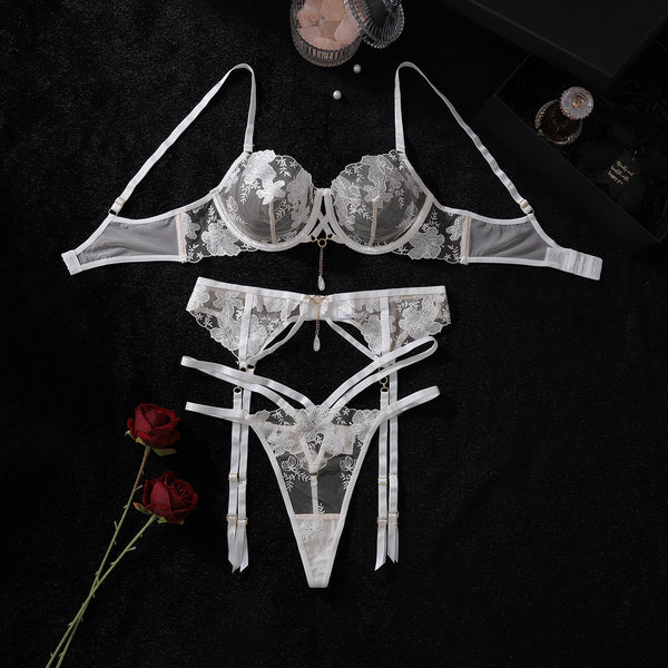 Embroidered Mesh Perspective  Gathering Lingerie Three Piece Set Other Women's Underwear