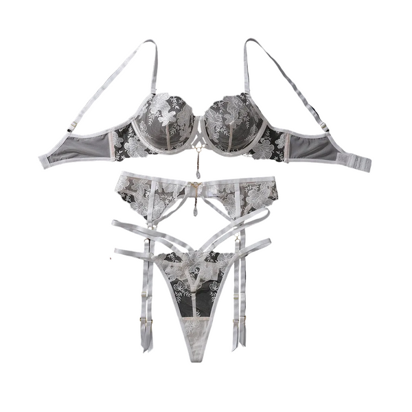 Embroidered Mesh Perspective  Gathering Lingerie Three Piece Set Other Women's Underwear
