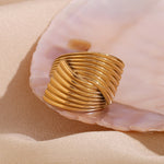 Veile Studios Retro Hand Decorated Geometric Fan Shaped Stripe Cross Ring For Women Rings