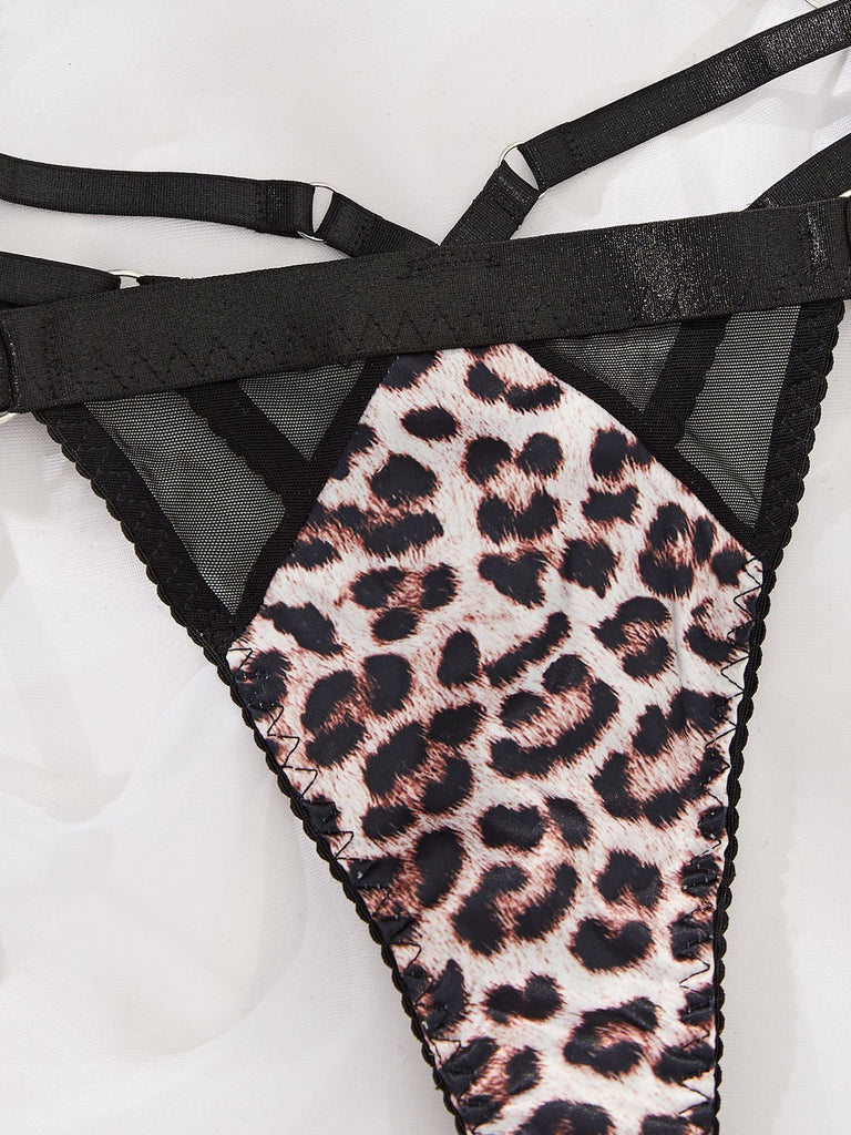 Bra Set With Leopard Pattern Splicing 4 Piece Set Bras & Bra Sets