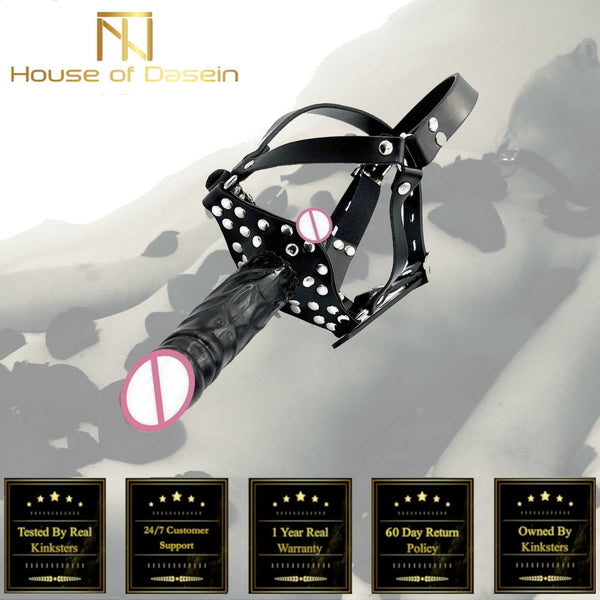 Double Black Dildo Mouth Gag Head Harness Pegging Strap On  Restraints Strap Ons