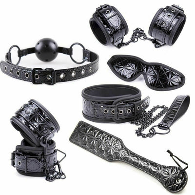 Red Black 6Pc Spanking Paddle Gag Cuffs Collar Blindfold  Kink Fetish Kit  Starter Kits