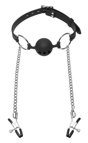 House Of Dasein Brands Hinder Breathable Silicone Ball Gag With Nipple Clamps Gags