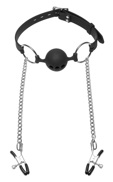 Hinder Breathable Silicone Ball Gag With Nipple Clamps Gags