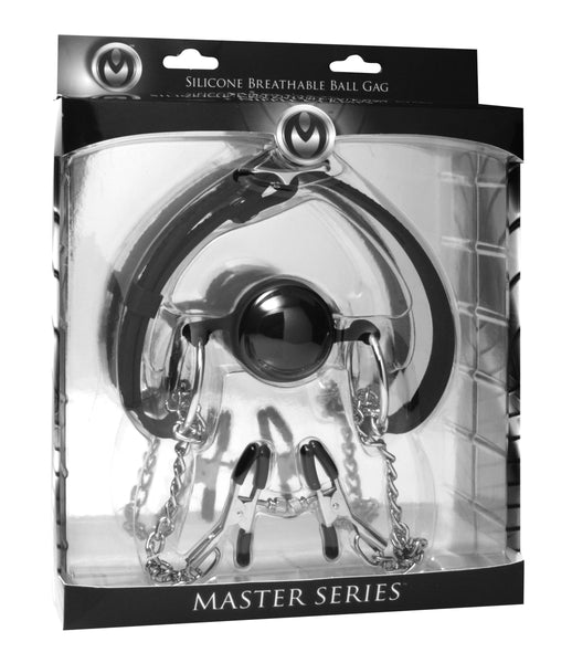 Hinder Breathable Silicone Ball Gag With Nipple Clamps Gags