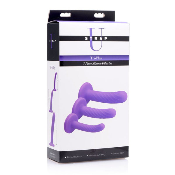Tri Play 3 Pc Purple Silicone Dildo Set Strap Ons