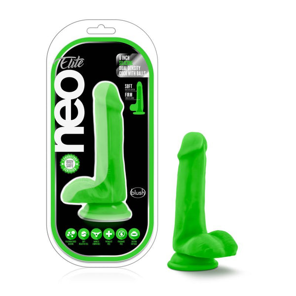 Neo Elite 6In Silicone Dual Density  With Balls Neon Green Dildos