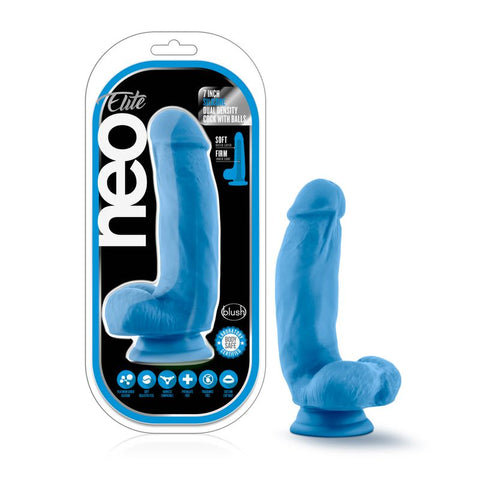 Neo Elite 7In Silicone Dual Density  With Balls Neon Blue Dildos