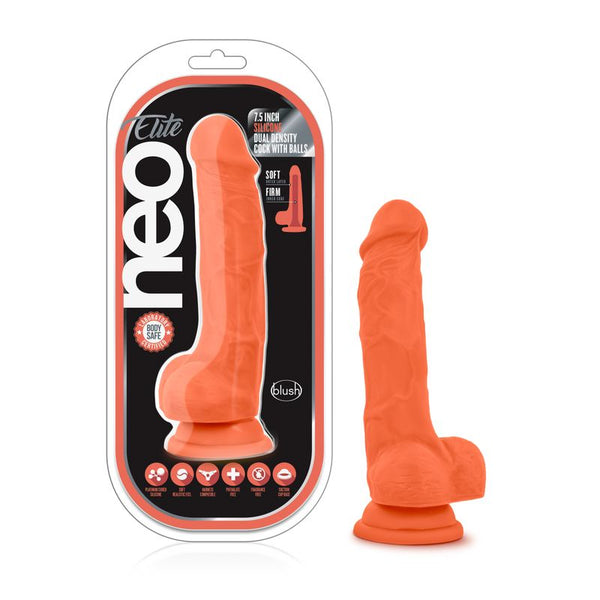 Neo Elite 7.5In Silicone Dual Density  With Balls Neon Orange Dildos
