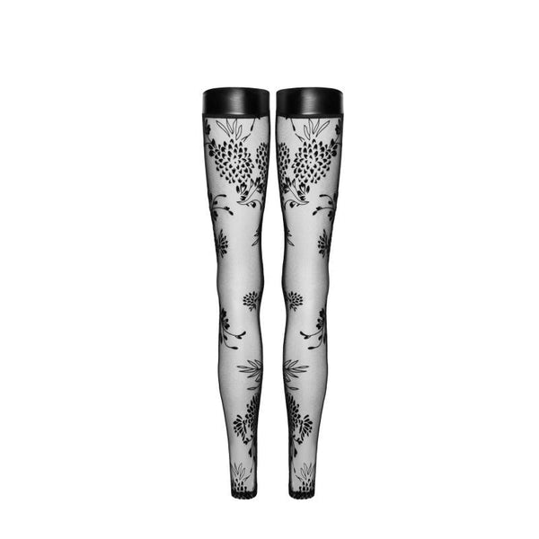 Tulle W Patterned Flock Embroidery & Power Wetlook Band Stockings
