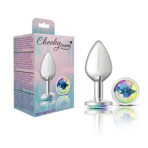 Cheeky Charms Silver Round Butt Plug W Clear Iridescent Jewel Medium Non Vibrating Butt Plugs