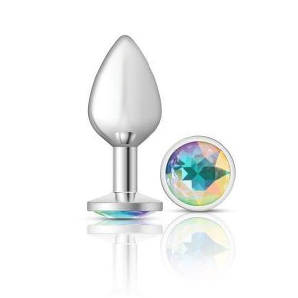 Cheeky Charms Silver Round Butt Plug W Clear Iridescent Jewel Large Non Vibrating Butt Plugs