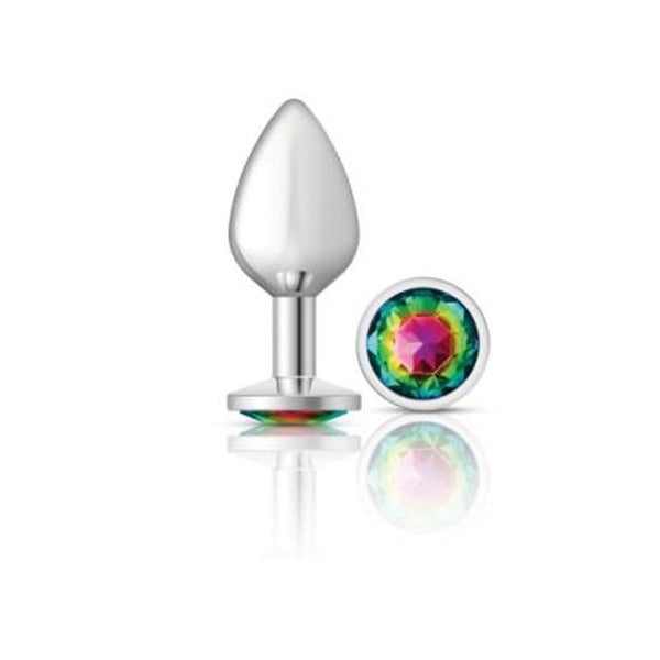 Cheeky Charms Silver Round Butt Plug With Rainbow Jewel Medium Non Vibrating Butt Plugs