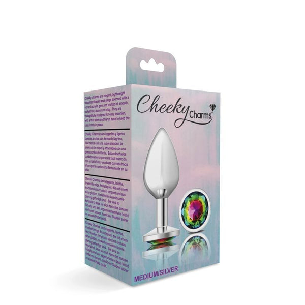 Cheeky Charms Silver Round Butt Plug With Rainbow Jewel Medium Non Vibrating Butt Plugs