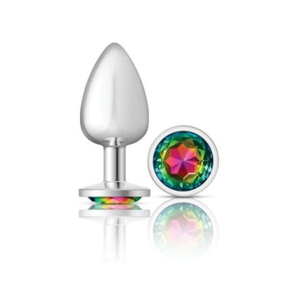 Cheeky Charms Silver Round Butt Plug W Rainbow Jewel Large Non Vibrating Butt Plugs