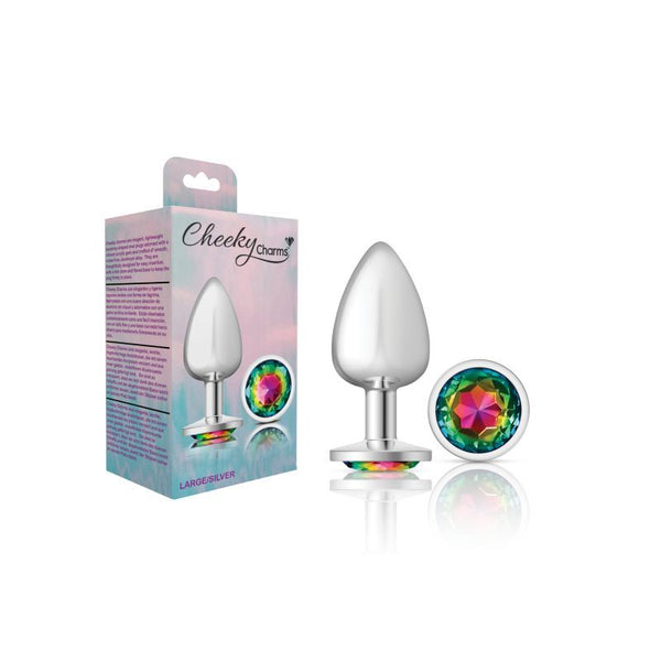 Cheeky Charms Silver Round Butt Plug W Rainbow Jewel Large Non Vibrating Butt Plugs