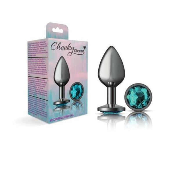 Cheeky Charms Gunmetal Round Butt Plug With Teal Jewel Medium Non Vibrating Butt Plugs