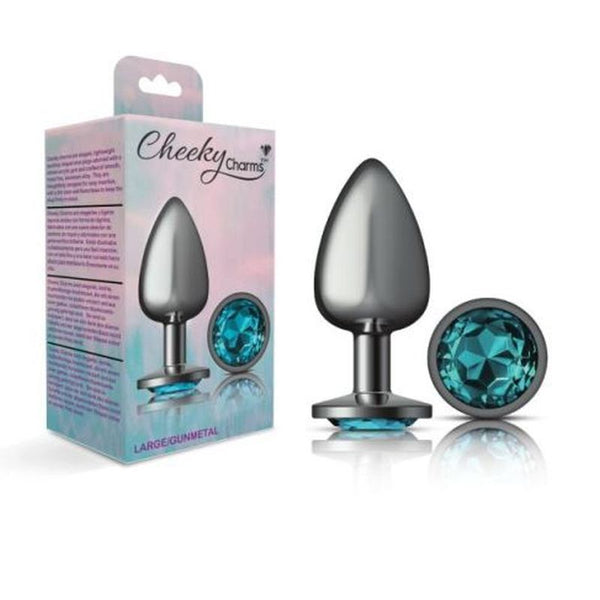 Cheeky Charms Gunmetal Round Butt Plug With Teal Jewel Large Non Vibrating Butt Plugs