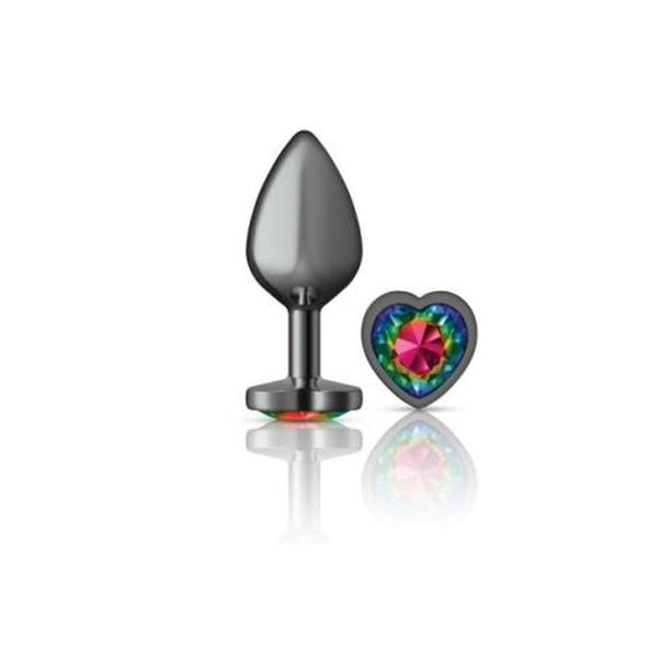 Cheeky Charms Gunmetal Butt Plug With Heart Rainbow Jewel Medium Non Vibrating Butt Plugs