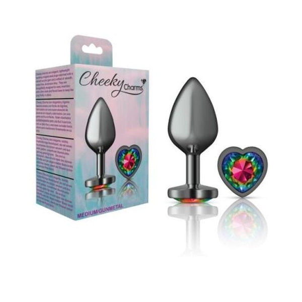 Cheeky Charms Gunmetal Butt Plug With Heart Rainbow Jewel Medium Non Vibrating Butt Plugs