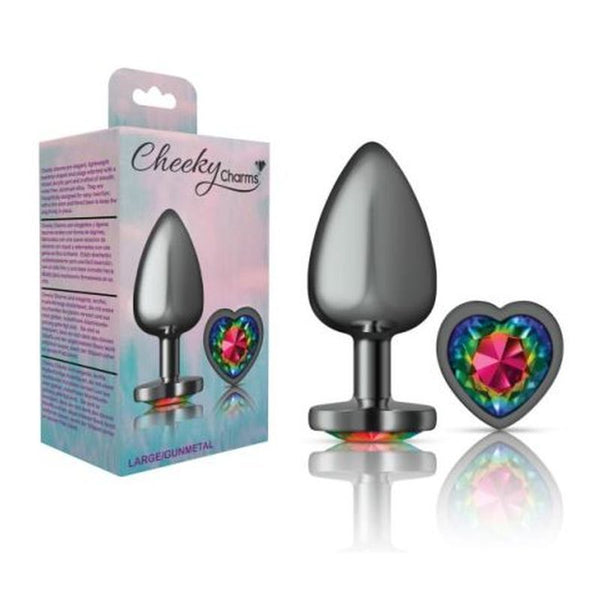 Cheeky Charms Gunmetal Butt Plug With Heart Rainbow Jewel Large Non Vibrating Butt Plugs