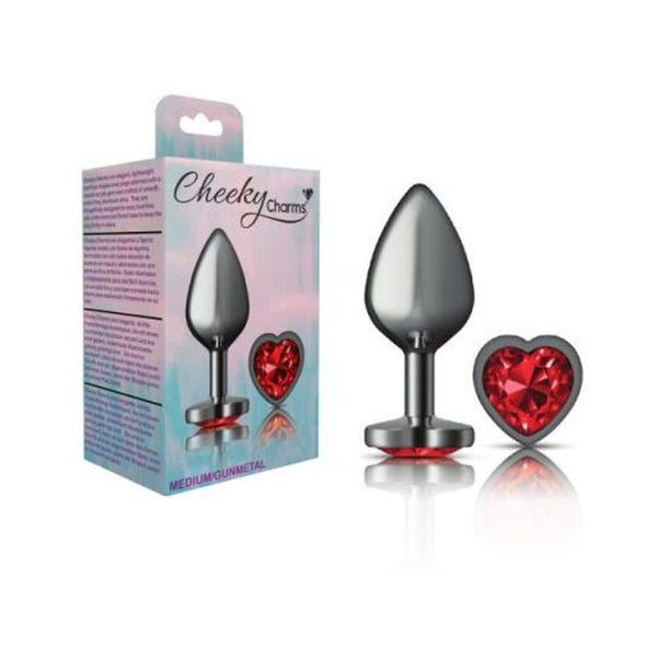 Cheeky Charms Gunmetal Butt Plug With Heart Red Jewel Medium Non Vibrating Butt Plugs