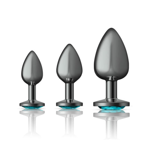 Cheeky Charms Round Metal Butt Plug Gunmetal 3 Pc Kit W Teal Jewel Non Vibrating Butt Plugs