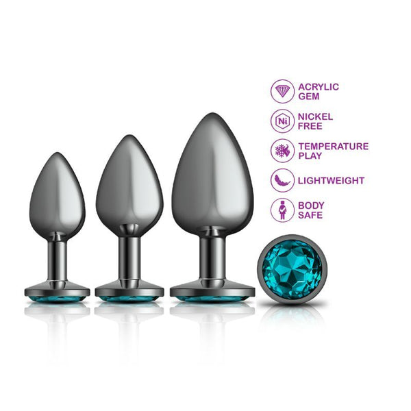 Cheeky Charms Round Metal Butt Plug Gunmetal 3 Pc Kit W Teal Jewel Non Vibrating Butt Plugs
