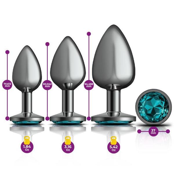 Cheeky Charms Round Metal Butt Plug Gunmetal 3 Pc Kit W Teal Jewel Non Vibrating Butt Plugs
