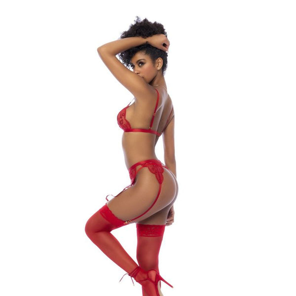 Red 3 Pc Set W/ Bralette Garter Belt And Thong Bras & Bra Sets