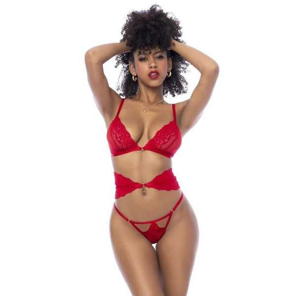 Red 3 Pc Set W/ Bra Panties And Flexible Corset Bras & Bra Sets