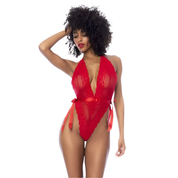 Red Lace Bodysuit With Side Ties Bodysuits