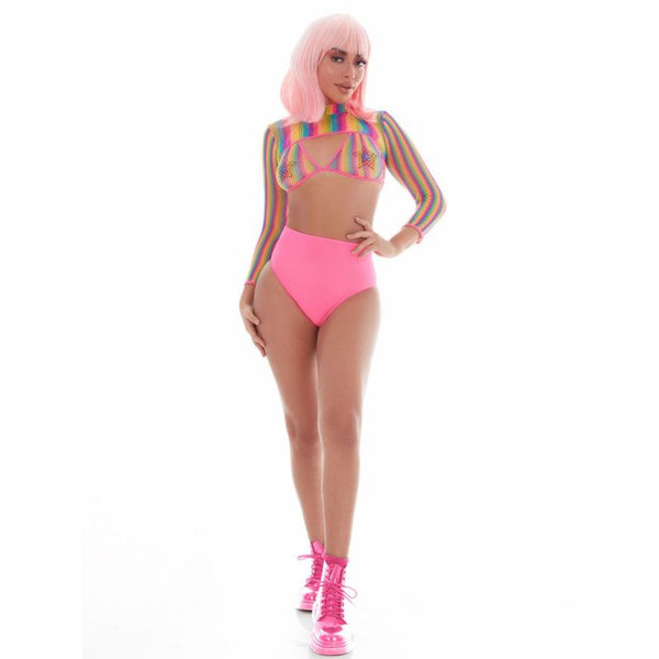 Rainbow Shrug Bikini Top Hot Pants Net Set Includes Pasties Women's Costumes