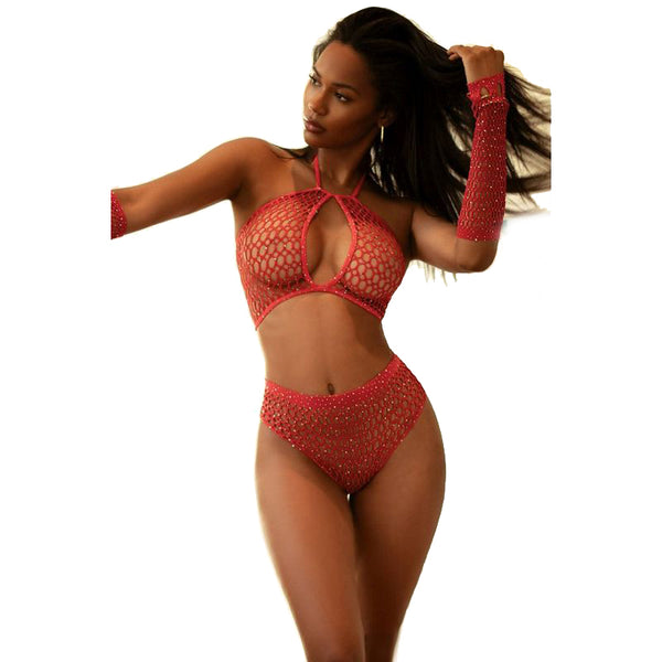Rhinestone 3 Pc Halter Ensemble Set Red Bras & Bra Sets
