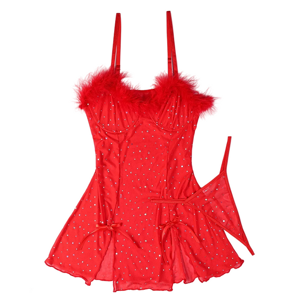 Rhinestone Crystal Feather Splicing Sheer Mesh Slit Dress Two Piece Set For Women Erotic Dresses