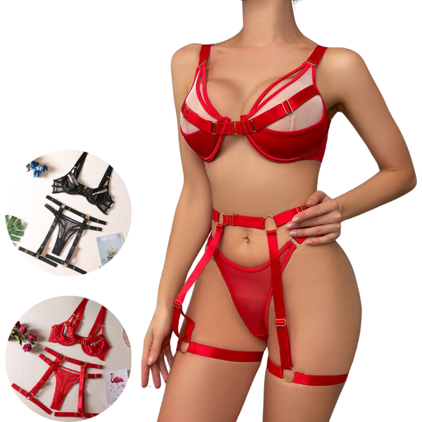 Strappy Fetish Lingerie Bra Garter Underwear For Women In Black And Red Bras & Bra Sets