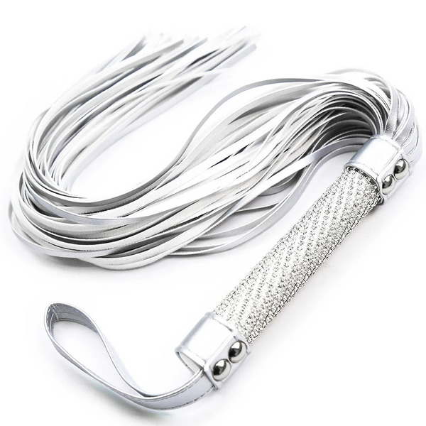 Silver Premium Pu Leather Horse Whips Training Crystal Handle Wrist Strap Floggers