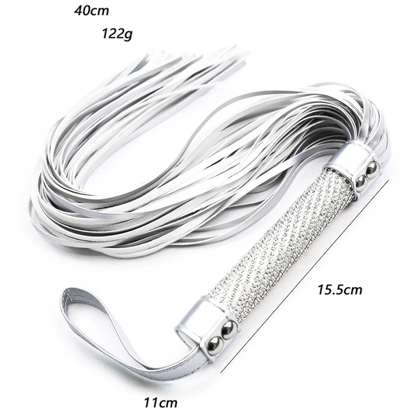 Silver Premium Pu Leather Horse Whips Training Crystal Handle Wrist Strap Floggers