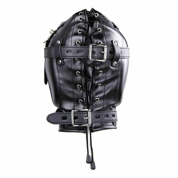 Black Full  Hood Mask Plug Headwear Kink  Fetish Restraints Hoods