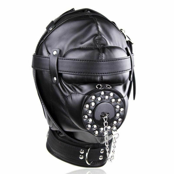 Black Full  Hood Mask Plug Headwear Kink  Fetish Restraints Hoods