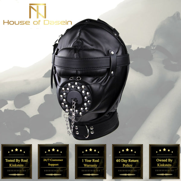 Black Full  Hood Mask Plug Headwear Kink  Fetish Restraints Hoods
