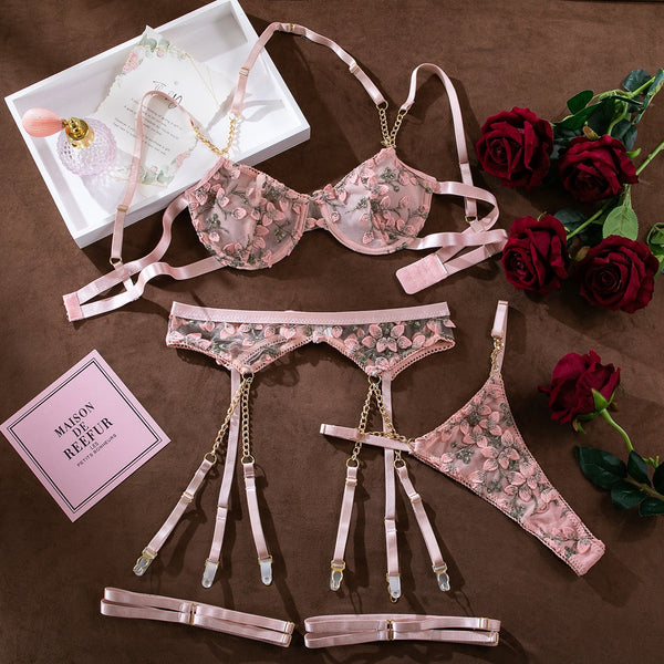 Embroidered Floral Sheer  Chain Bra Set Bras & Bra Sets