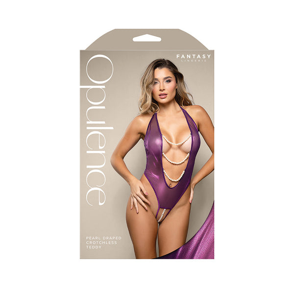 Opulence Pearl Draped Crotchless Teddy Purple M/L Size Bodysuits