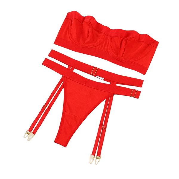 Solid Color Zipper Strapless Waist Closure Lingerie Three Piece Set Bras & Bra Sets