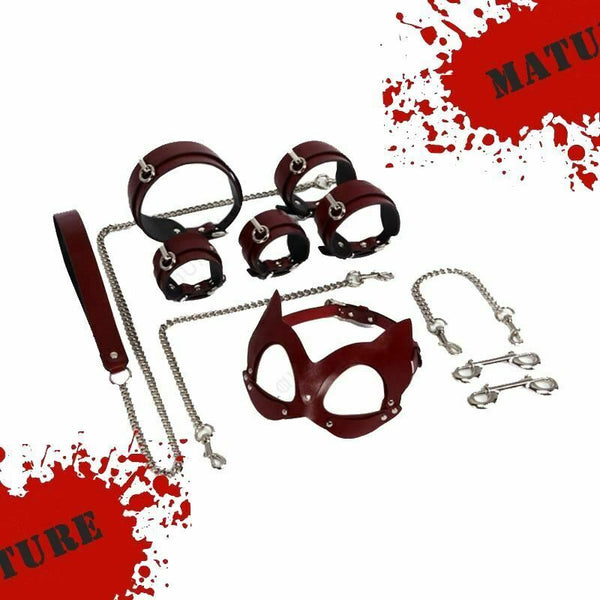 Genuine Leather   Luxury Restraints Kit Kitten Mask Leash Restraint Kits & Sets
