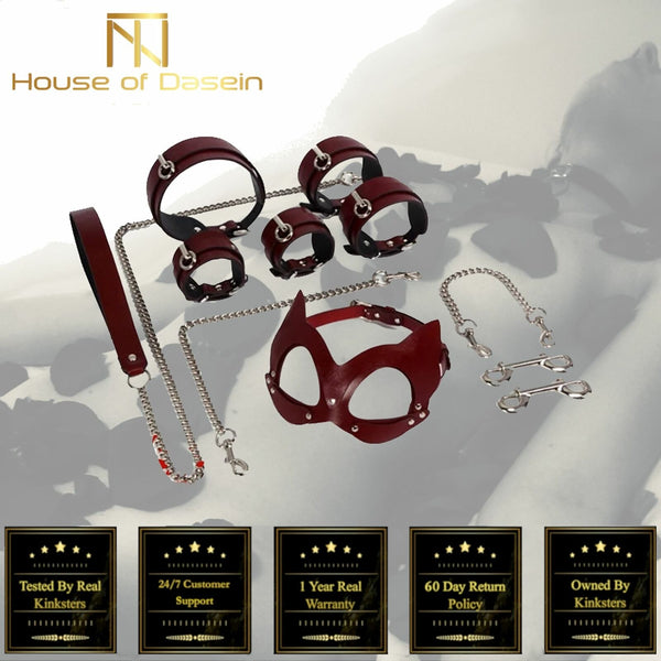 Genuine Leather   Luxury Restraints Kit Kitten Mask Leash Restraint Kits & Sets