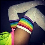 Cotton Over The Knee Socks Sparkly Rhinestone Rainbow Stripes Women