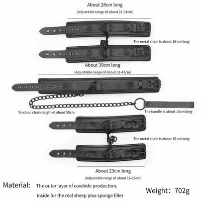 Black Leather Handcuffs Ankle Wrist Cuffs Collar Leash   Restraints Kit Restraint Kits & Sets